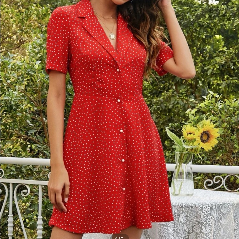 NWT Red Polka Dot Notched Collared Dress